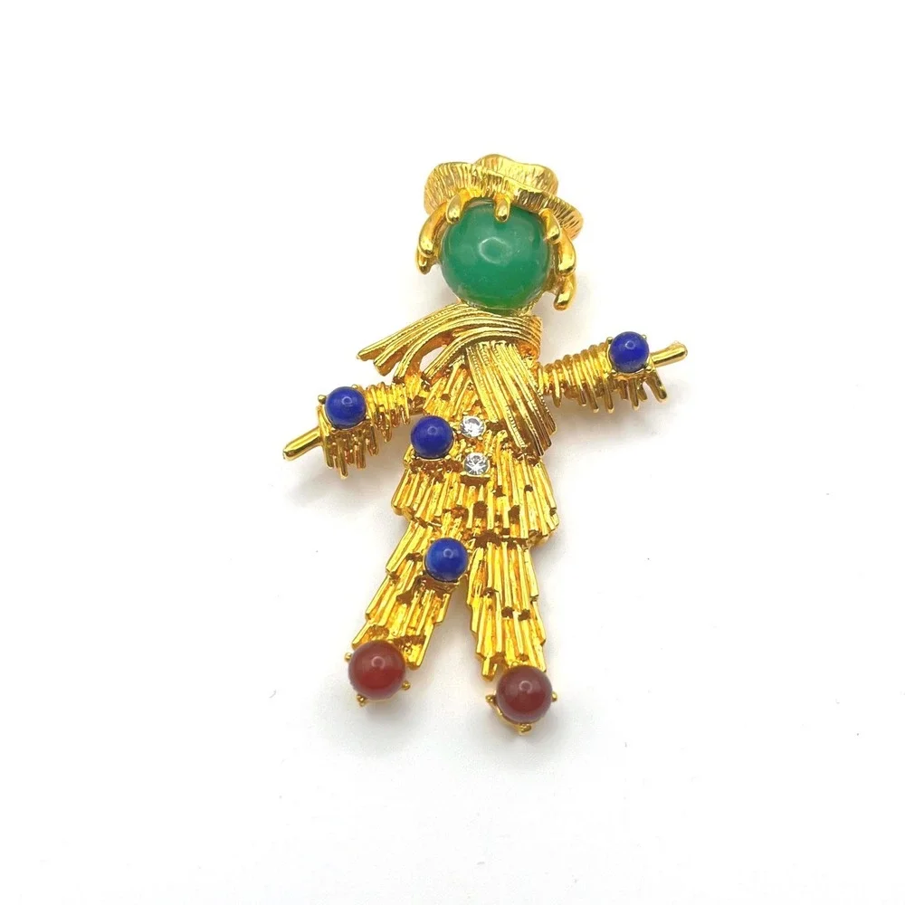 JBK Camrose & Kross Scarecrow Brooch Gold‎ Tone Green Cabochon Crystal Accent